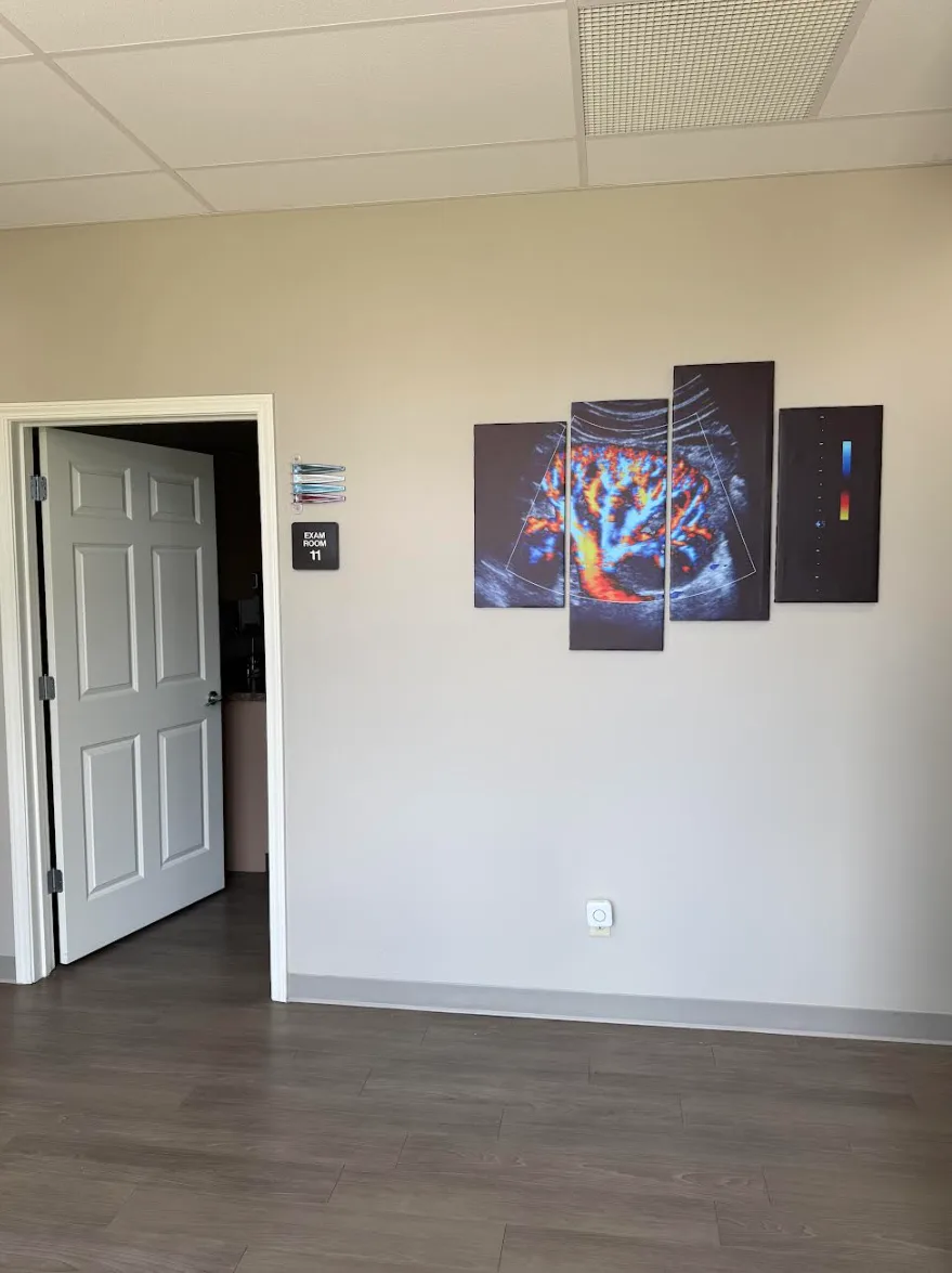 A hallway hung with large canvases printed from ultrasound images